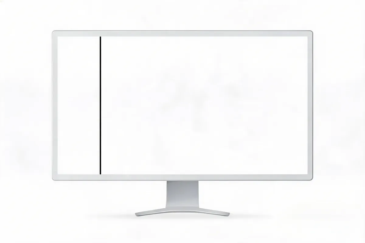 Monitor LCD panorámico moderno que muestra un fondo blanco sólido con una sola línea negra vertical fina perfectamente recta que va desde el borde superior hasta el borde inferior de la pantalla, indicando un defecto de línea negra vertical en la pantalla