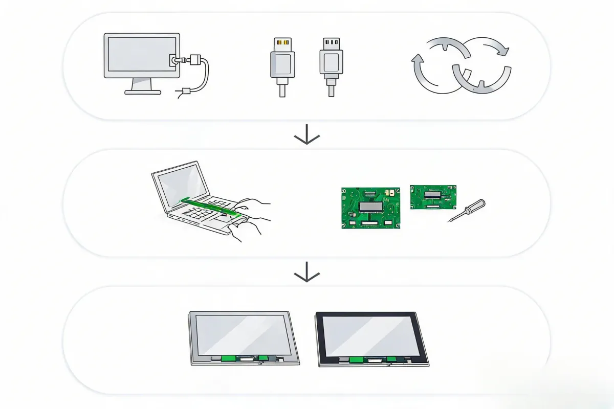 Flujo de trabajo prioritario en tres niveles para el diagnóstico y reparación de líneas verticales: el nivel superior muestra tres soluciones gratuitas (apagar y encender, probar con un cable diferente, actualizar o revertir los drivers gráficos), el nivel medio muestra dos soluciones de bajo coste 15-80 USD (recolocar el cable de cinta interno, reemplazar la placa T-con), el nivel inferior muestra una solución cara 100-400 USD (reemplazar el panel LCD), con flechas que fluyen hacia abajo desde el nivel más económico al más caro