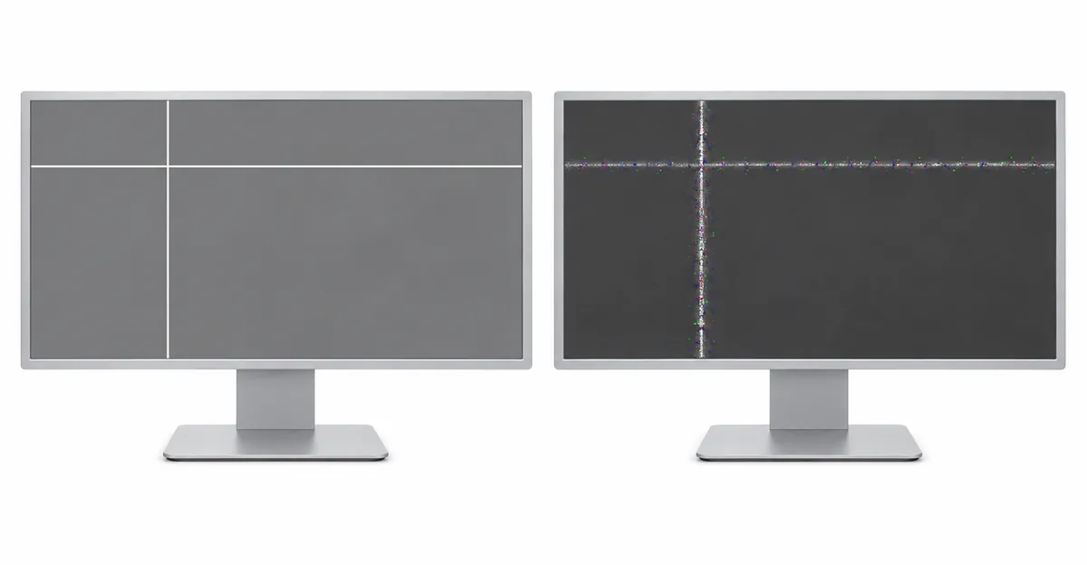 Comparación lado a lado de dos monitores LCD idénticos: el monitor izquierdo muestra líneas blancas sólidas estables causadas por circuitos de transistores atascados, mientras que el monitor derecho muestra líneas granulosas y parpadeantes con píxeles de ruido de color a lo largo de su extensión causadas por corrupción de señal