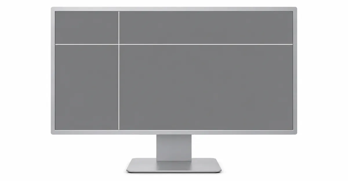Moderno monitor LCD de ordenador mostrando una pantalla gris sólida cruzada por dos líneas blancas delgadas, estables y perfectamente rectas — una línea vertical de arriba a abajo y una línea horizontal de izquierda a derecha — representando defectos de líneas blancas de píxeles atascados en un monitor