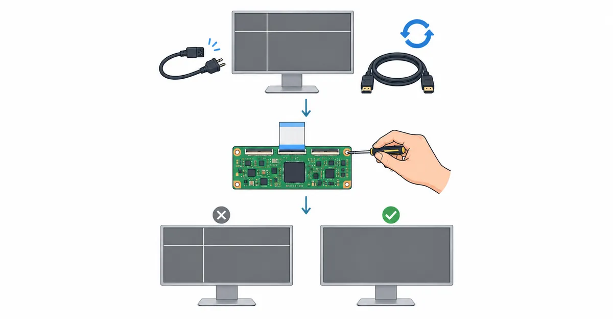 Diagrama de flujo de trabajo de tres pasos para arreglar líneas blancas y estáticas en un monitor: el paso superior muestra las pruebas con un nuevo cable de vídeo y ciclo de energía, el paso medio muestra el reemplazo de la placa del controlador de temporización T-CON, el paso inferior muestra la decisión entre reemplazo del panel LCD y reemplazo completo del monitor