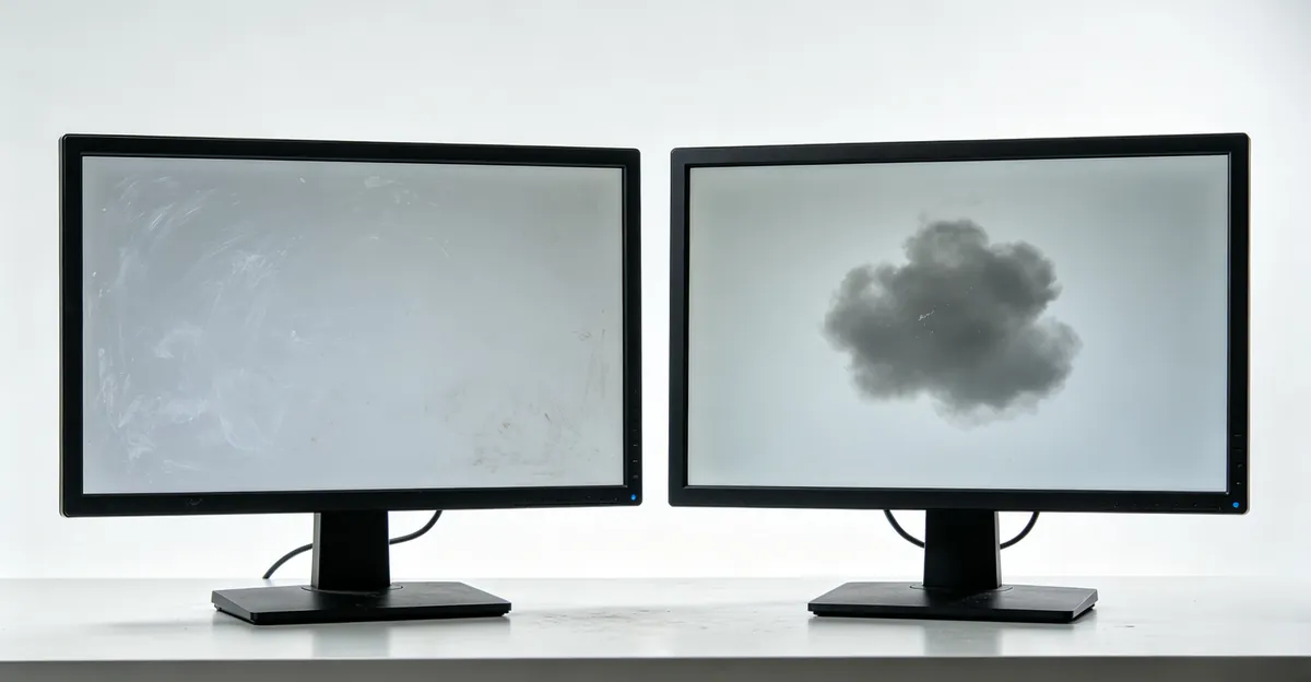Comparação lado a lado de mancha de impressão digital removível com limpeza versus hematoma turvo fixo de pressão LCD em monitores idênticos