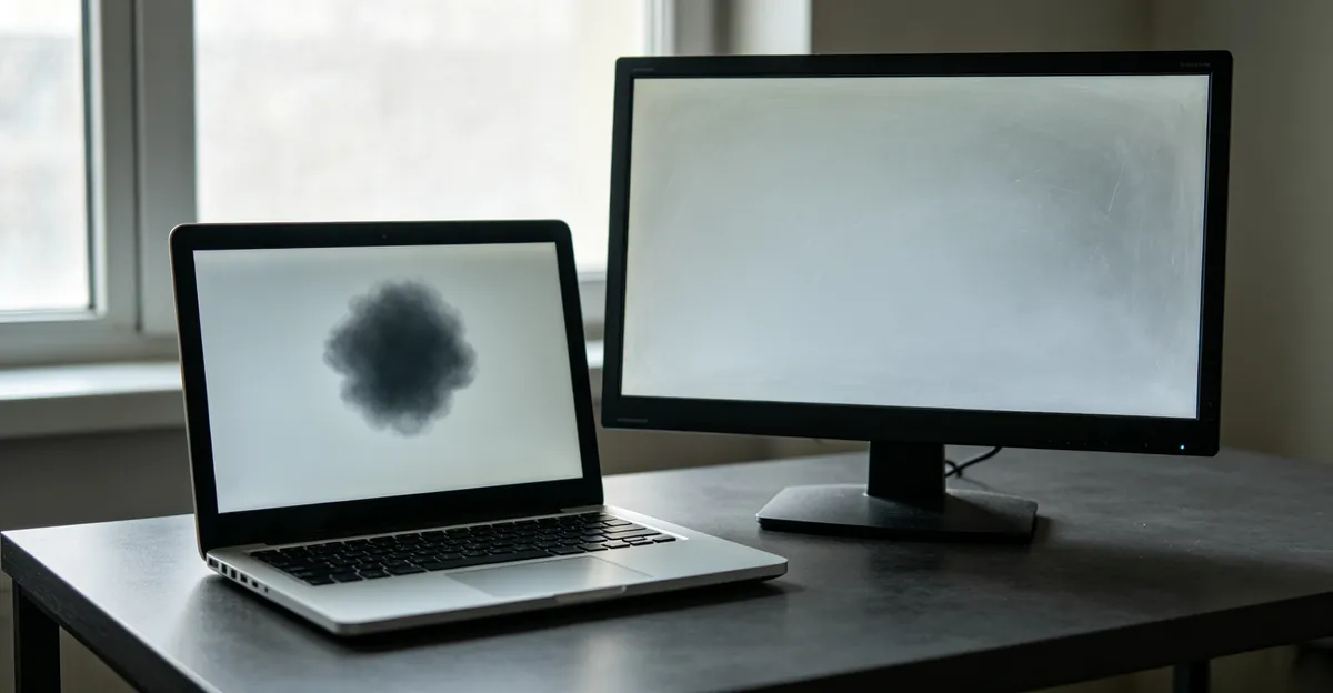 Notebook e monitor de mesa mostrando marcas de pressão turvas escuras ao lado de manchas de impressões digitais em fundos cinza sólidos