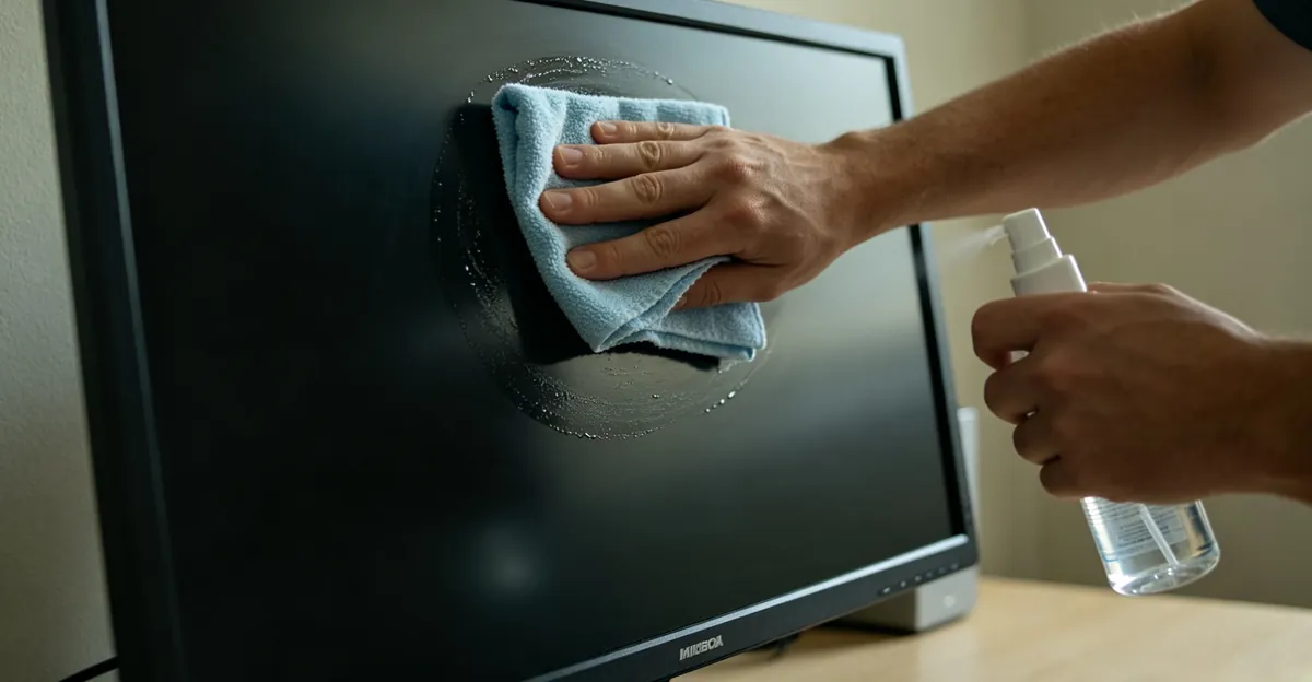 Pano de microfibra limpando suavemente um monitor desligado enquanto spray de limpeza fica no pano, não na tela