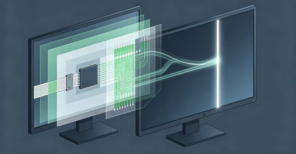 Four-panel diagram showing the four causes of white lines on LCD monitors: stuck TFT transistor, T-con timing error, ESD damage, and panel aging