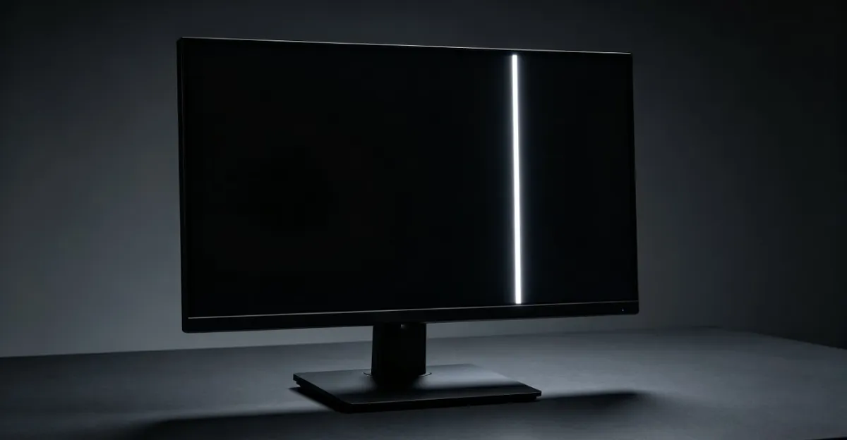 LCD monitor displaying a pure black screen with a thin vertical white line running from top to bottom