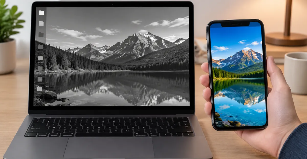 Grayscale laptop live display beside a full-color screenshot of the same image on a phone