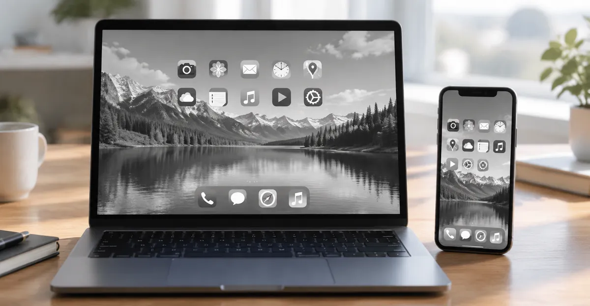Laptop and phone both showing a full grayscale monochrome interface