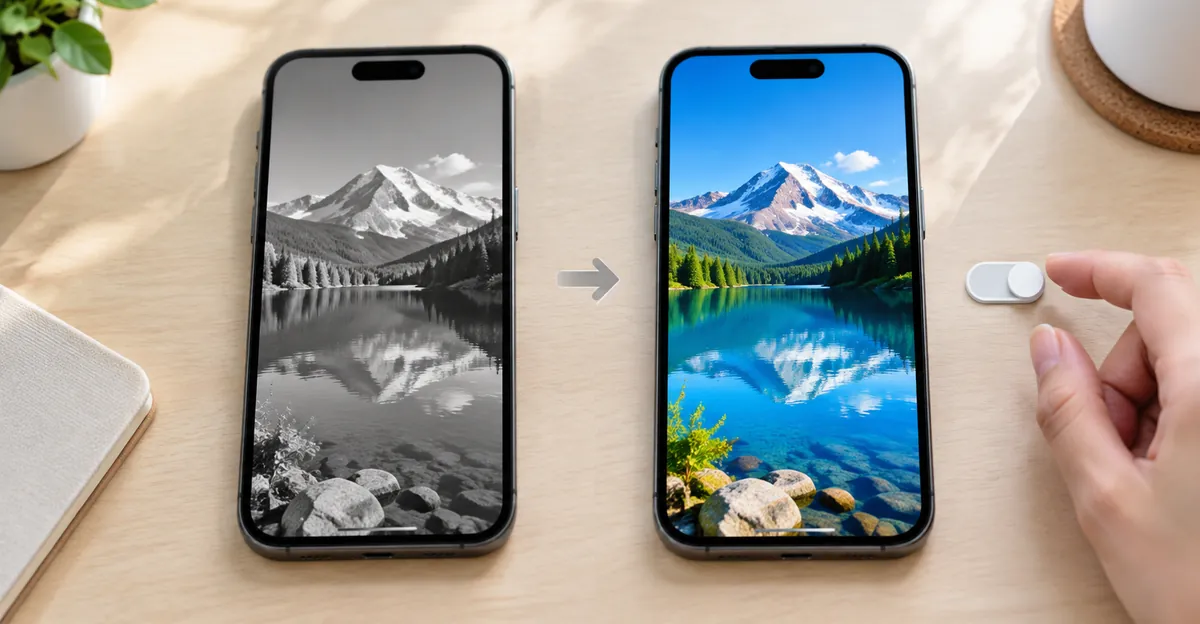 Before-and-after phones: grayscale monochrome restored to full color with a simple toggle