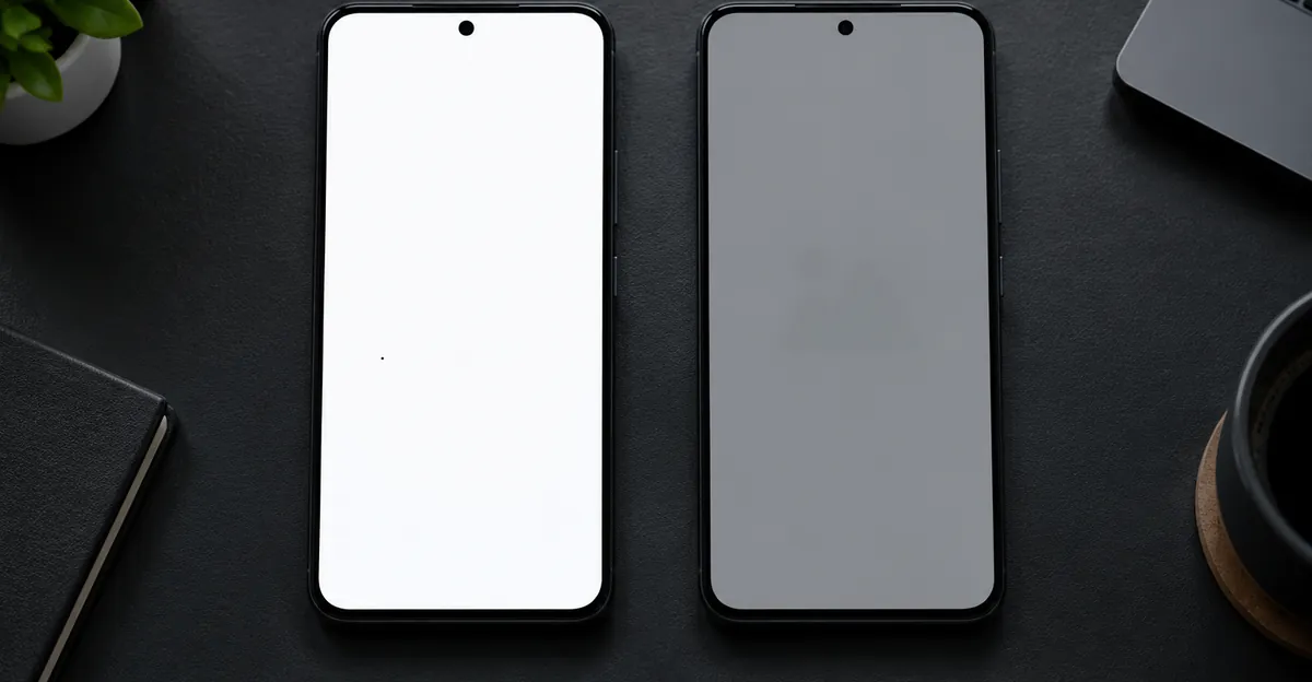 Side-by-side OLED phone comparison: sharp black dead pixel on white versus faint burn-in ghost outline on gray
