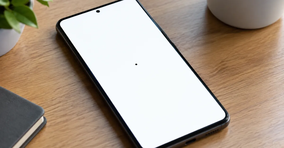 Smartphone OLED display on a solid white field with a sharp black dead-pixel spot near the center