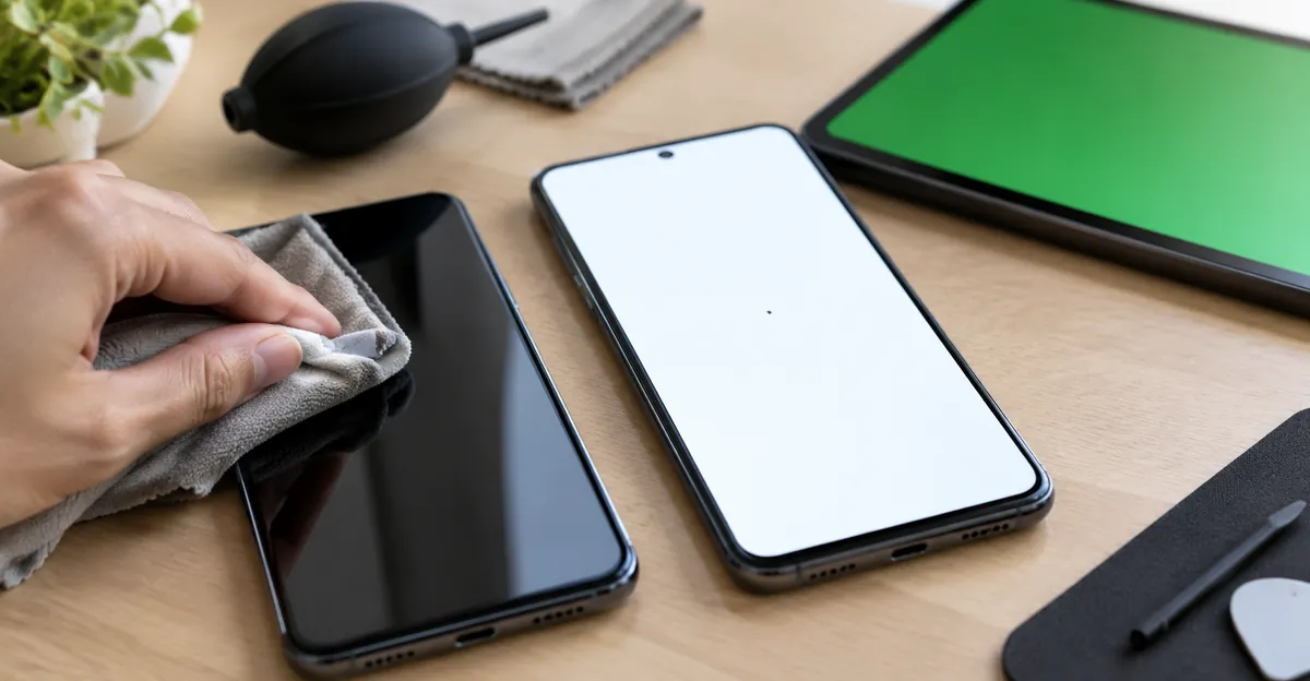 Microfiber cloth cleaning an OLED phone beside solid-color screen test fields used to diagnose black spots