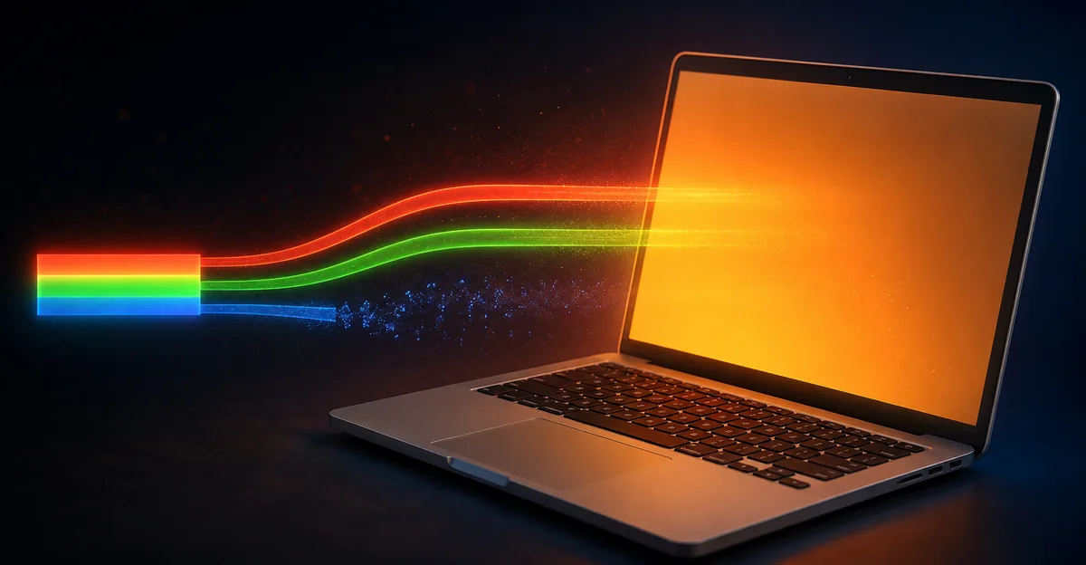 Orange tinted laptop screen showing the missing blue channel effect