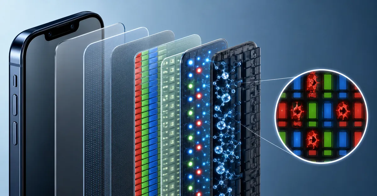 Diagrama de comparação de quatro painéis mostrando as causas de manchas rosa em telas de celular: dano físico a subpixels vermelhos, falha de eletrodo LCD, degradação de pixel OLED e mudança de cor da retroiluminação