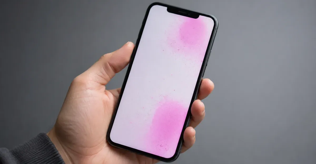Smartphone exibindo manchas rosa na tela causadas por danos no display ou falha no canal de cor