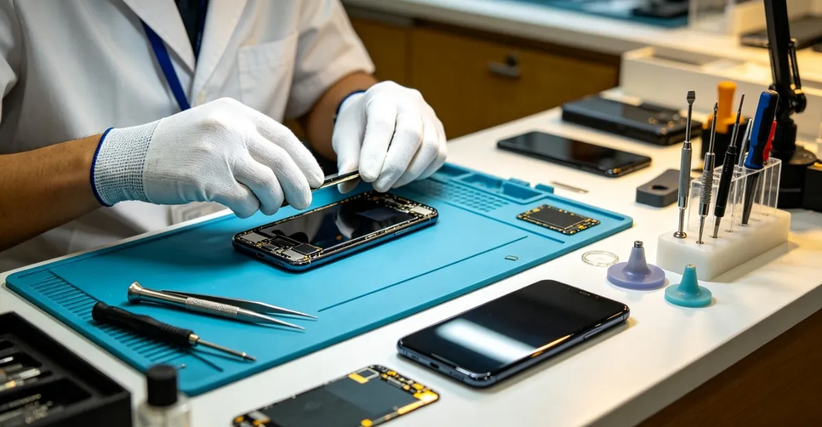 Fluxo de trabalho de reparo de tela de celular mostrando etapas de diagnóstico, solução de problemas de software e opções de substituição profissional de tela para problemas de manchas rosa