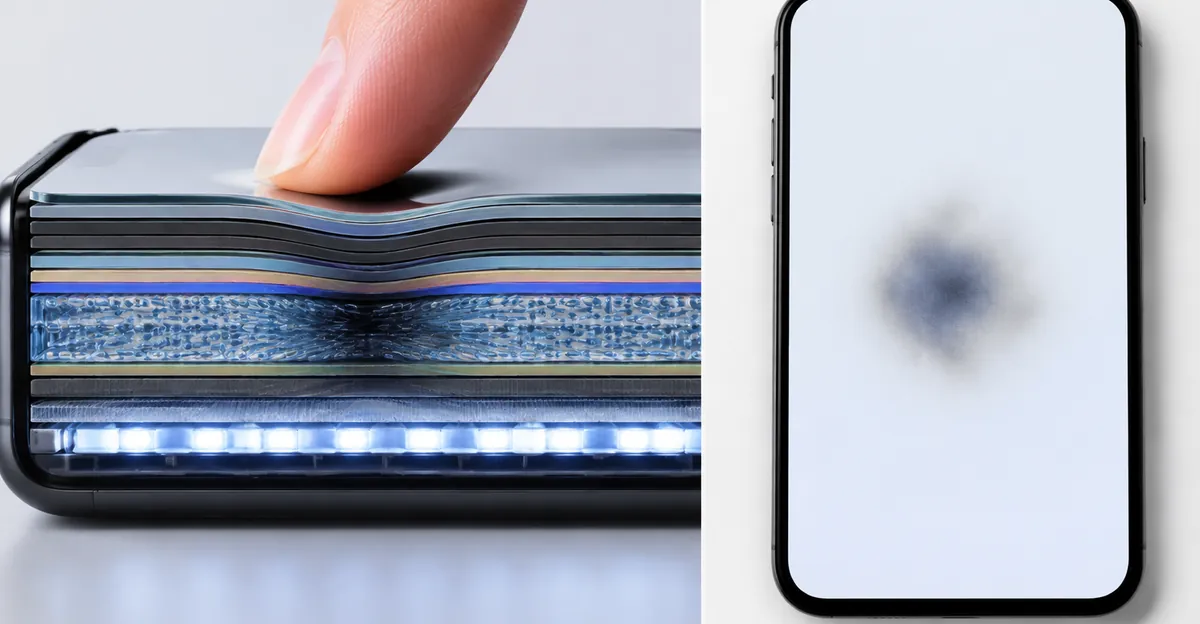 Finger compressing LCD layers next to a phone white screen with a cloudy pressure blotch