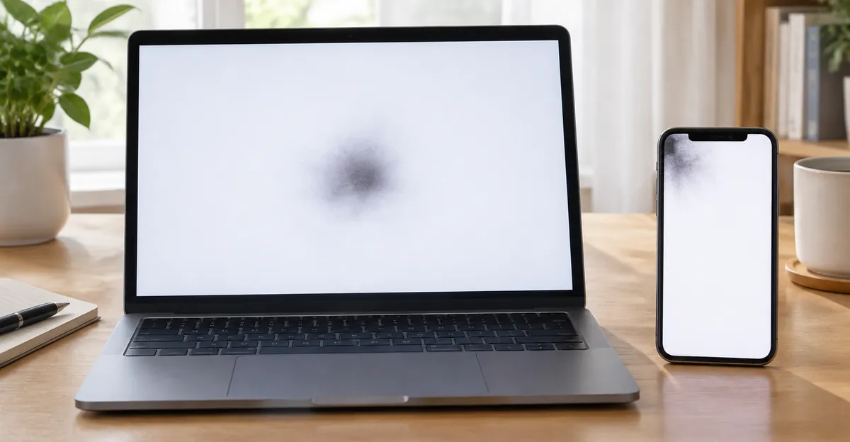 Laptop and phone white test screens each showing a soft pressure bruise blotch
