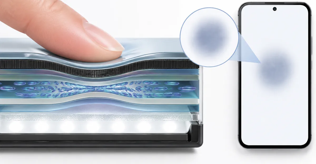 Finger compressing LCD layers beside a phone screen with a magnified cloudy pressure blotch
