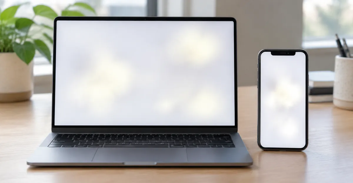 Laptop and phone white LCD screens each showing soft cloudy pressure mark blotches