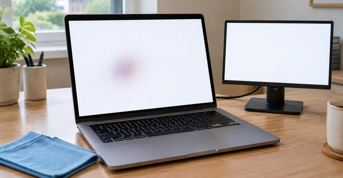Laptop white screen with a pressure bruise beside a clean external monitor and microfiber cloth