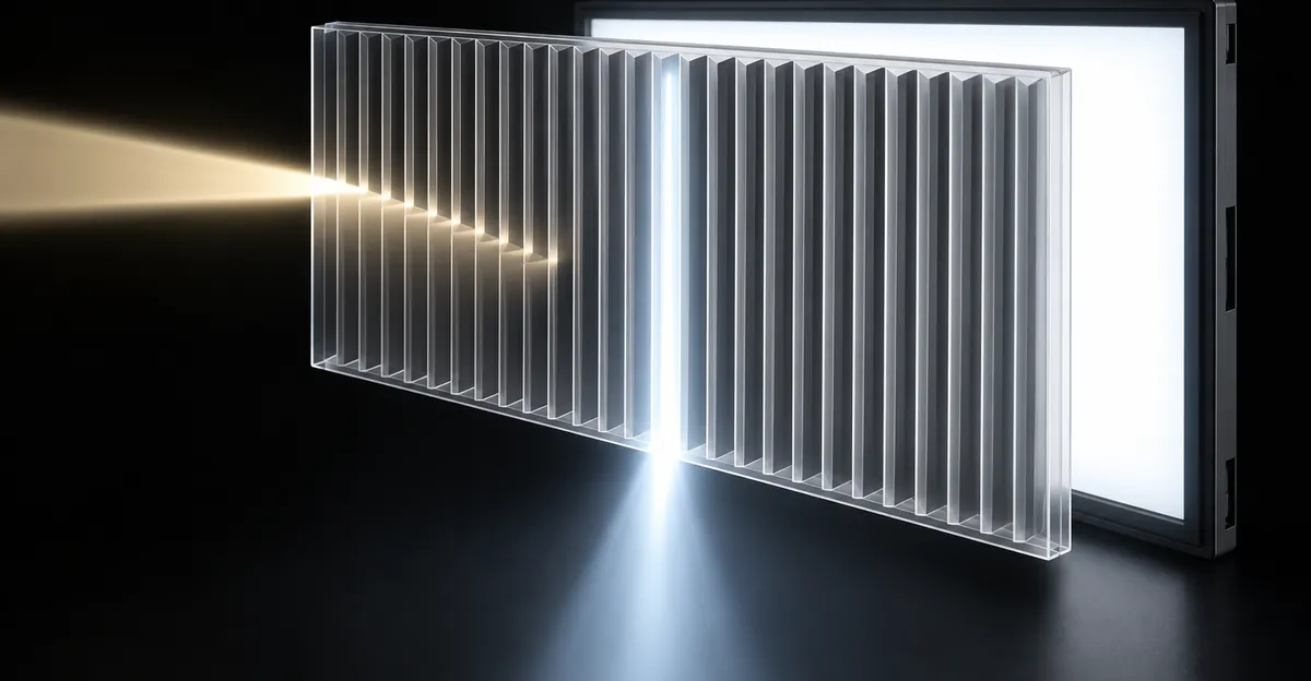 Corte de um filtro fino com microlâminas verticais que deixam a luz passar em frente e a bloqueiam de lado