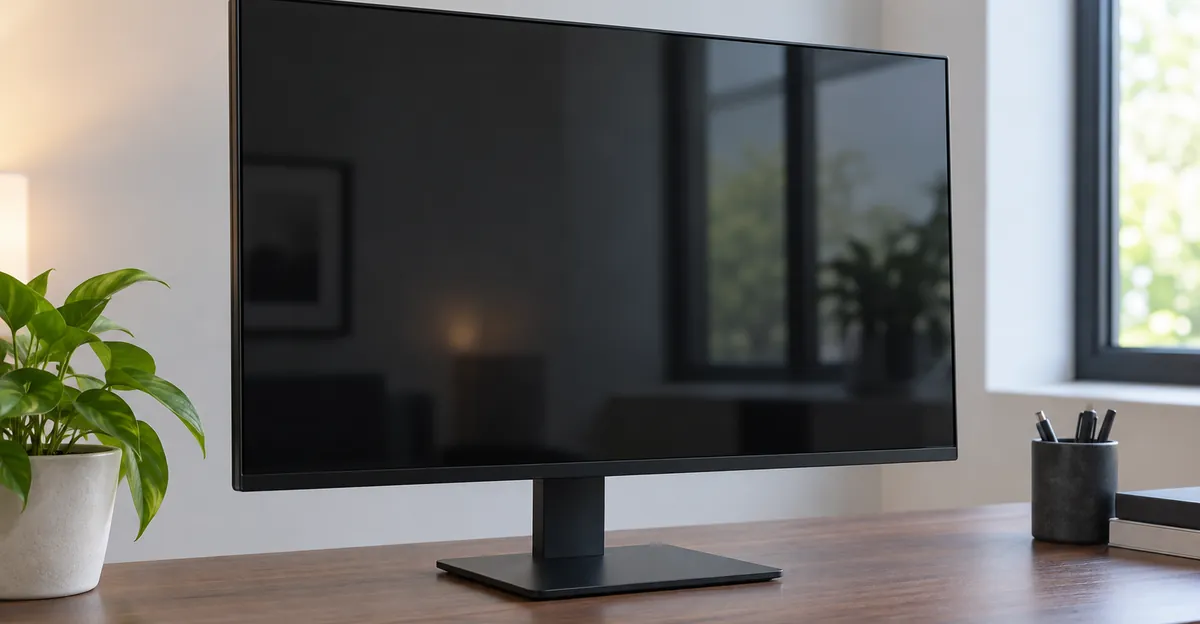 Monitor de mesa em leve ângulo, o vidro frontal parece preto e reflete a sala