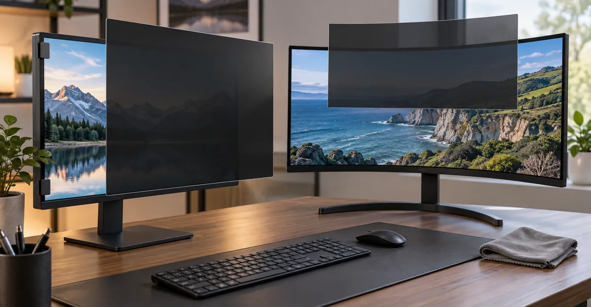Película magnética de privacidade alinhada num monitor plano ao lado de um ultrawide curvo que uma película plana não cobre, com pano de microfibra