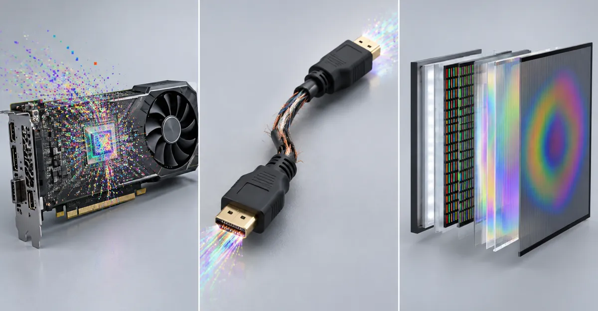 Three-panel visual of GPU noise, frayed HDMI cable, and LCD stack with rainbow polarizer bruise