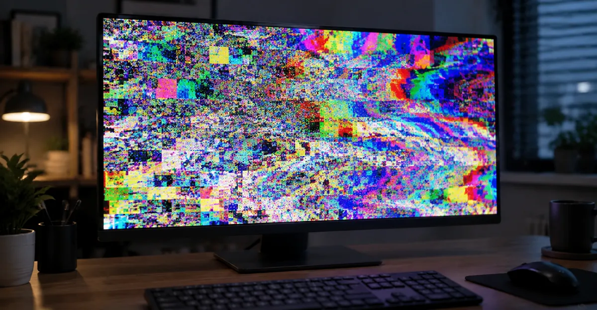 Desktop monitor filled with chaotic rainbow pixel artifacts and color bands