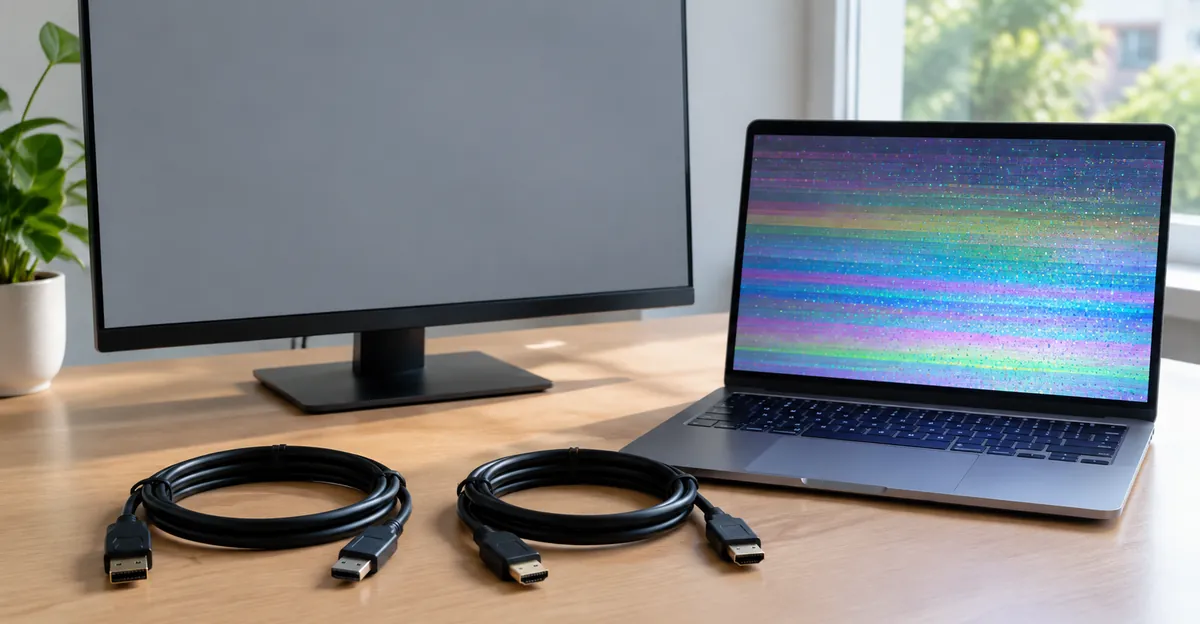 Laptop with rainbow sparkles beside a clean gray external monitor and spare display cables