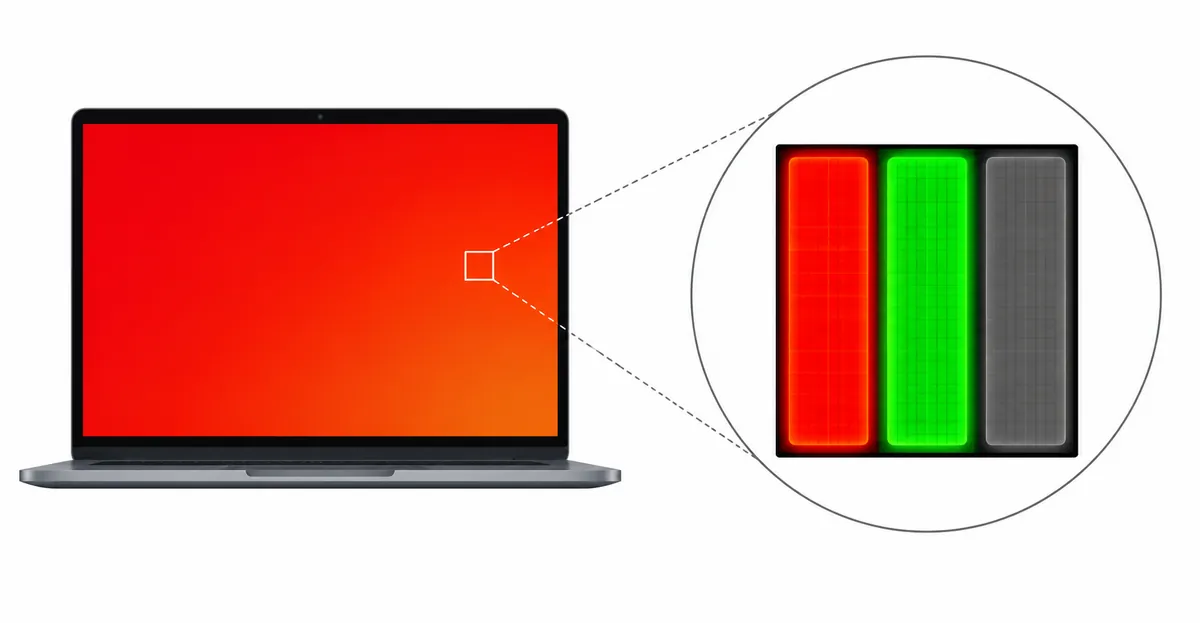 Vergrößerung eines rötlich getönten Laptop-Bildschirms, die RGB-Subpixel mit gedämpftem und inaktivem Blaukanal zeigt