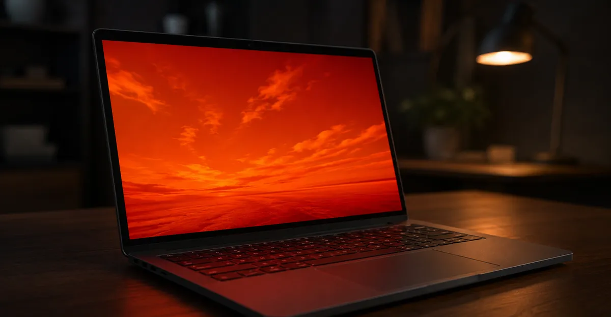 Laptop-Bildschirm mit einem intensiven roten und orangefarbenen Farbstich, der das gesamte Display bedeckt