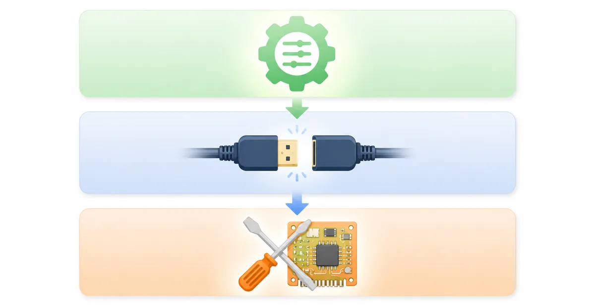 Vierstufiger Diagnose- und Reparatur-Workflow von Software-Prüfungen bis zum Hardware-Austausch