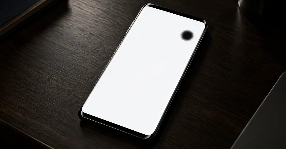 Teléfono curvo sobre un escritorio oscuro con una mancha negra en una pantalla blanca