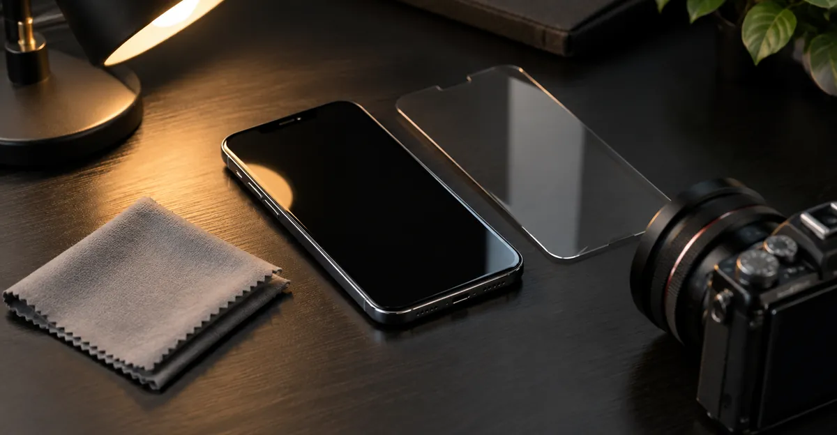 Teléfono con la pantalla apagada junto a una lámpara, un paño, el protector levantado y una segunda cámara