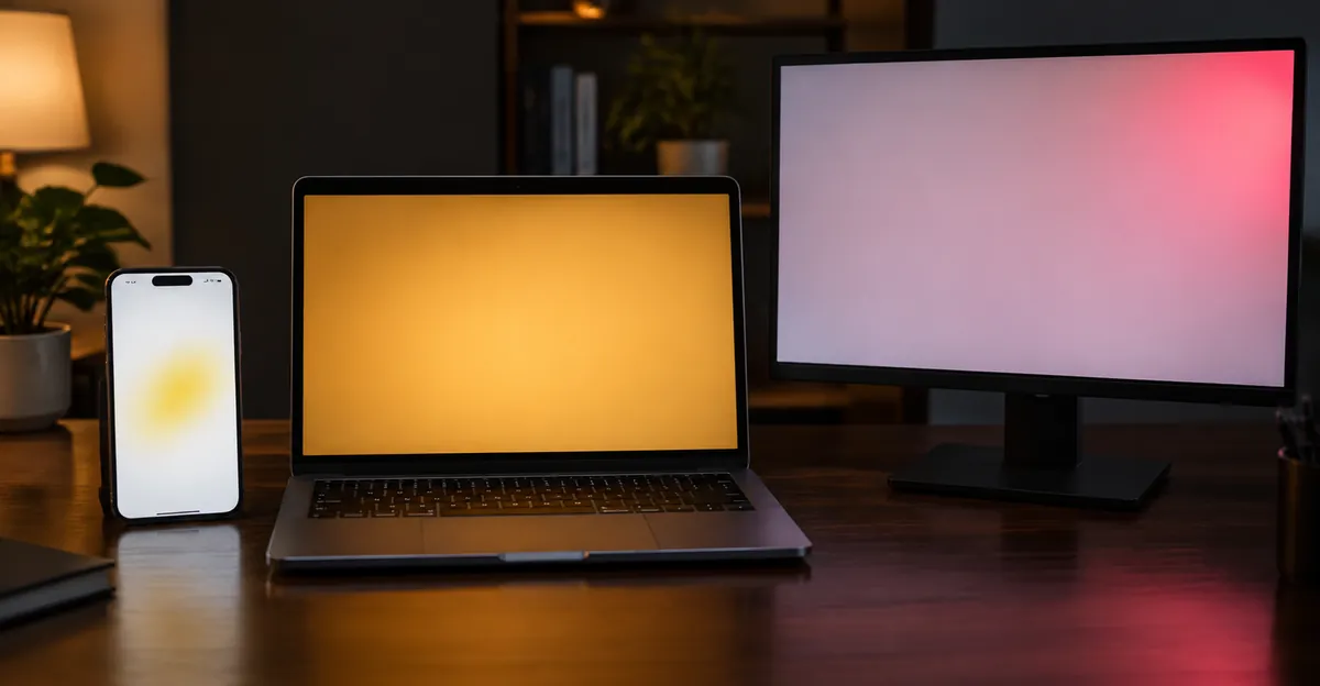 Teléfono con mancha amarilla, portátil con tinte ámbar completo y monitor con esquina rosa en un escritorio oscuro