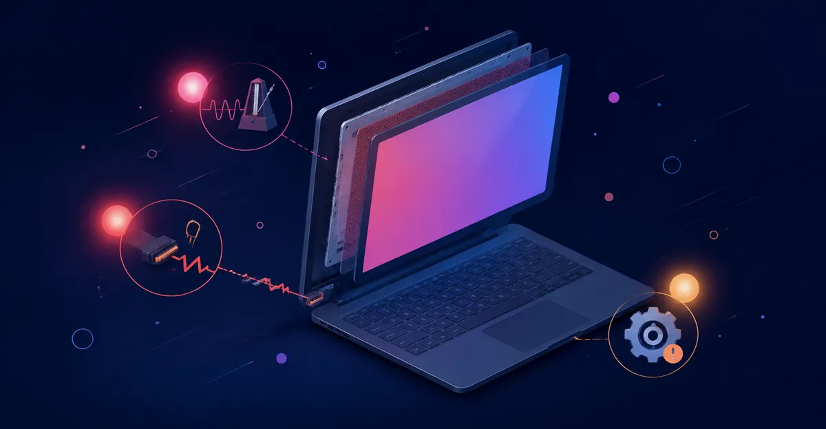 Exploded isometric illustration of a laptop with three causes of screen flickering shown as abstract icons: a loose cable with signal interruption near the hinge, a refresh-rate waveform symbol, and a driver gear with an alert indicator