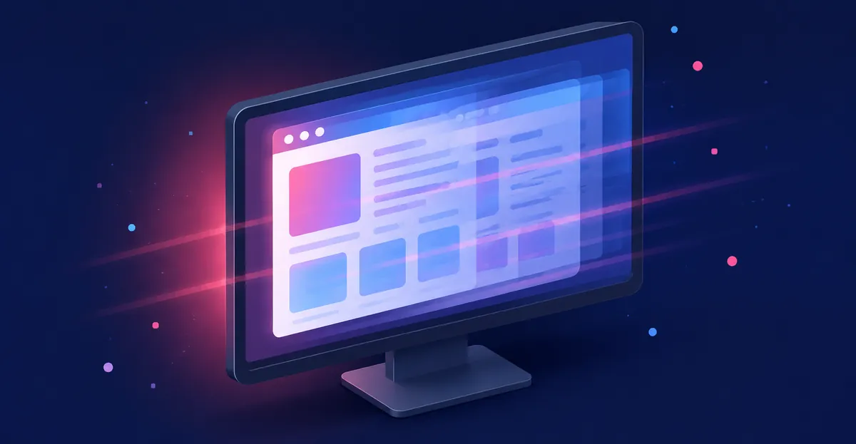 Modern computer monitor displaying a duplicate-frame ghost artifact illustrating screen flickering: a UI window with a translucent offset copy and a soft pink scanline glow halo around the display