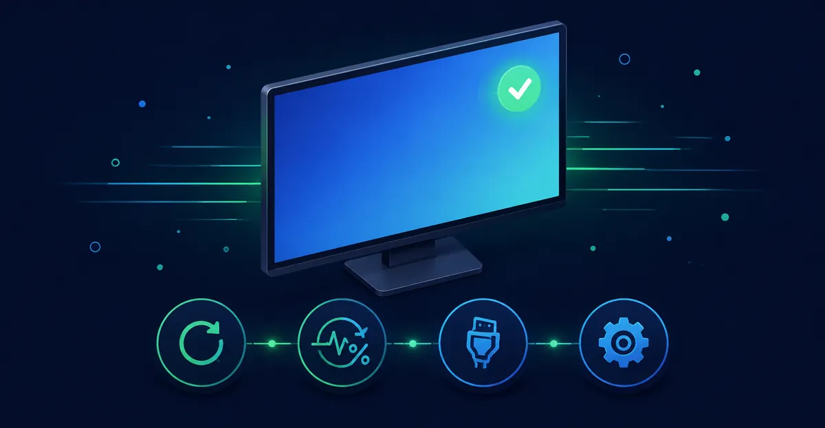 Stable, flicker-free monitor surrounded by four step badges arranged in a horizontal row: a refresh arrow, a refresh-rate waveform, a cable plug, and a settings gear, with a green checkmark glow on the screen
