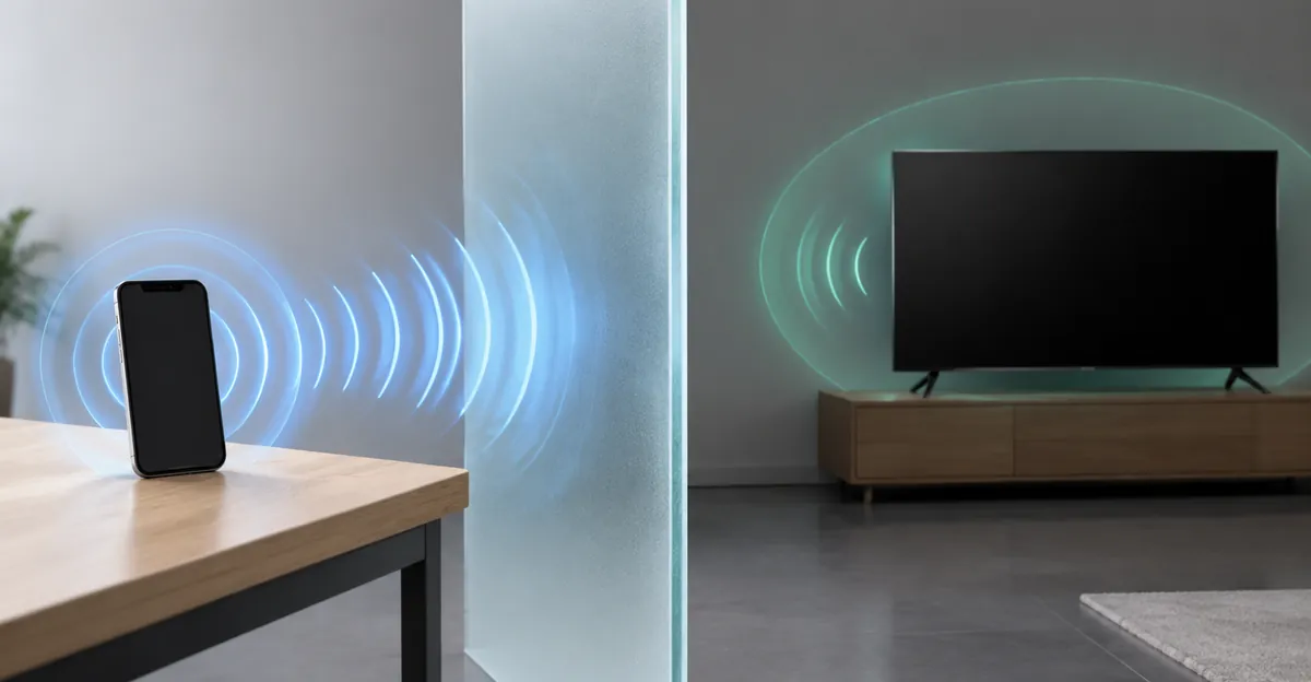 Smartphone and TV separated by glass with wireless signals stopping, showing network isolation