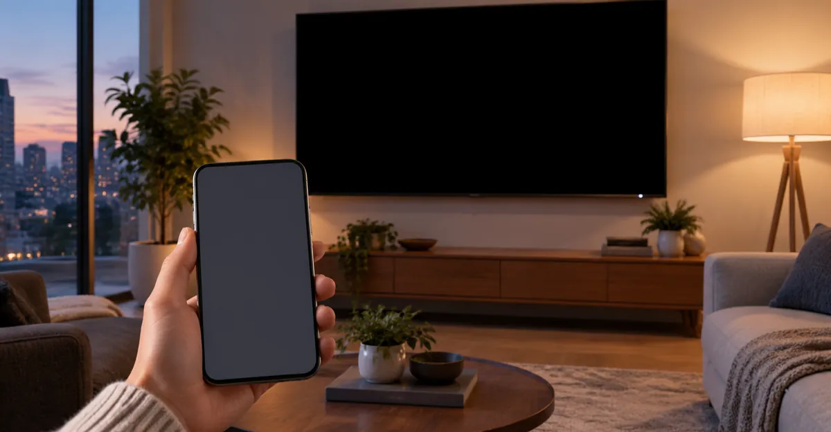 Living room TV stays black while a phone is held up for wireless screen mirroring