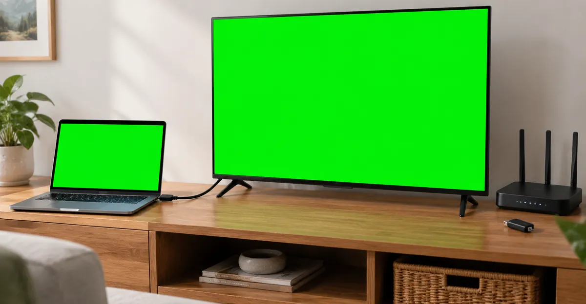 Laptop joined to a TV with an HDMI cable beside an unused wireless dongle and a router