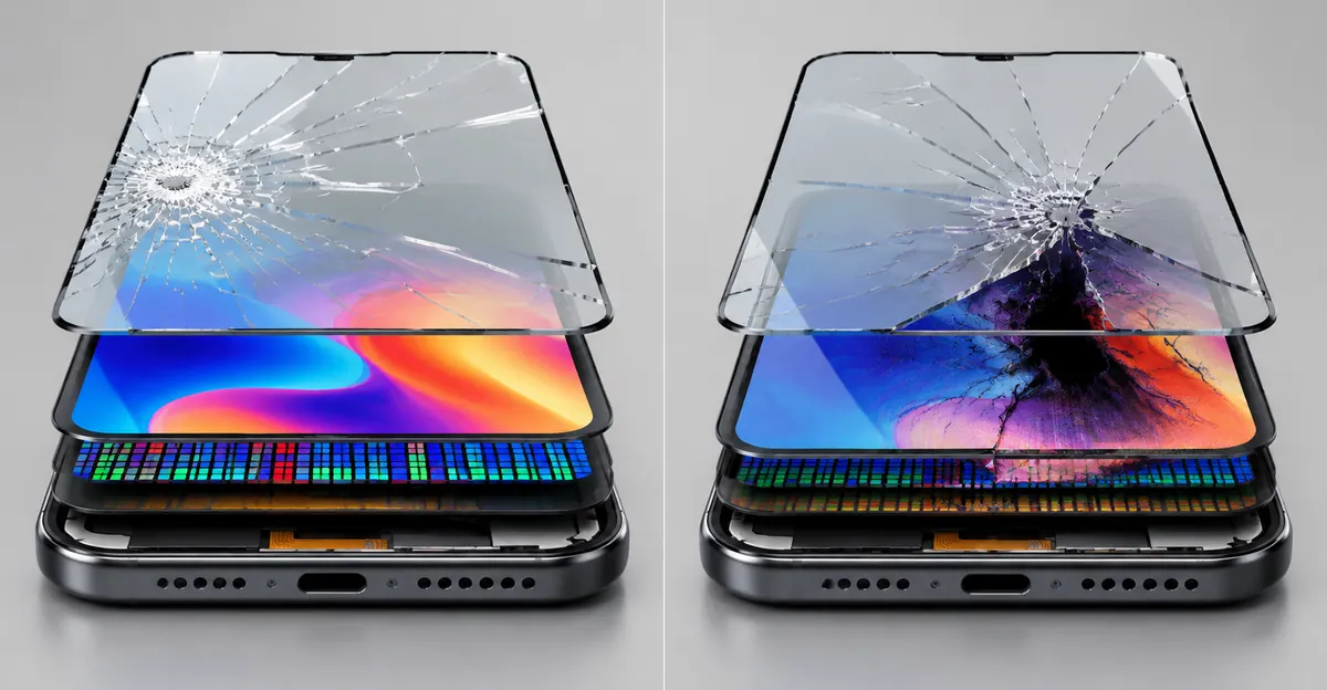 Cutaway comparison of cracked screen protector over intact display versus crack damage reaching the phone screen layers