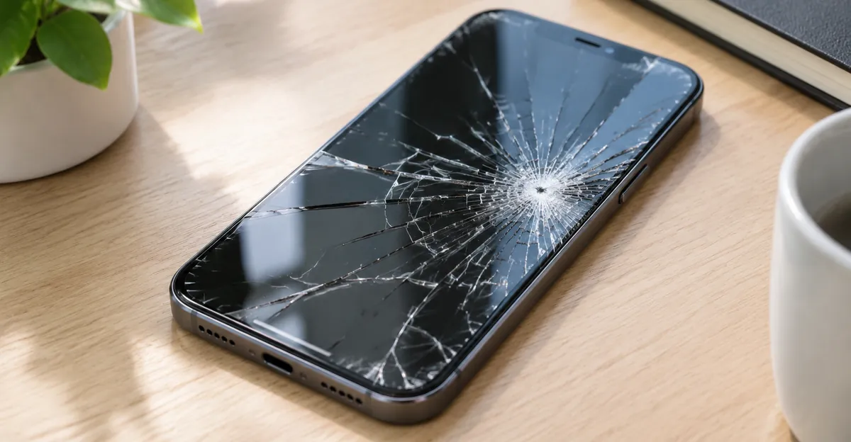 Smartphone with spiderweb cracks across a tempered glass screen protector on a wooden desk