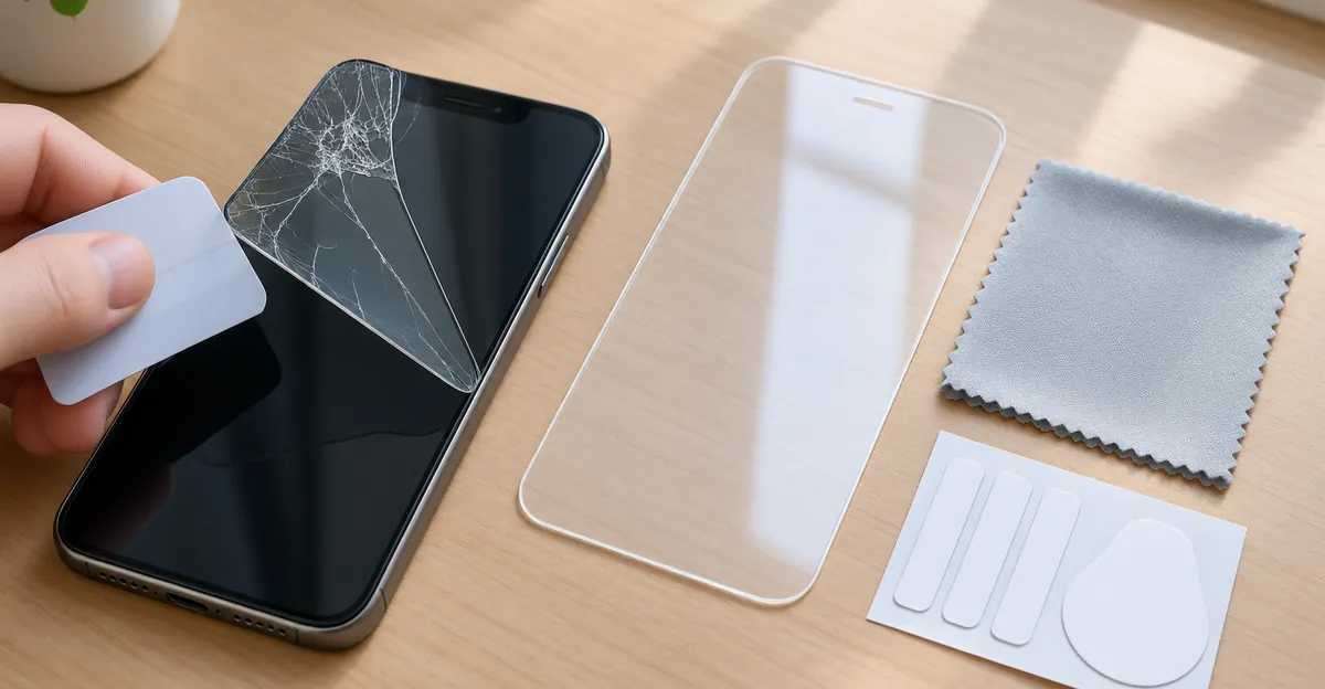 Hand lifting a cracked tempered glass protector with a plastic card beside a new protector and cleaning cloth