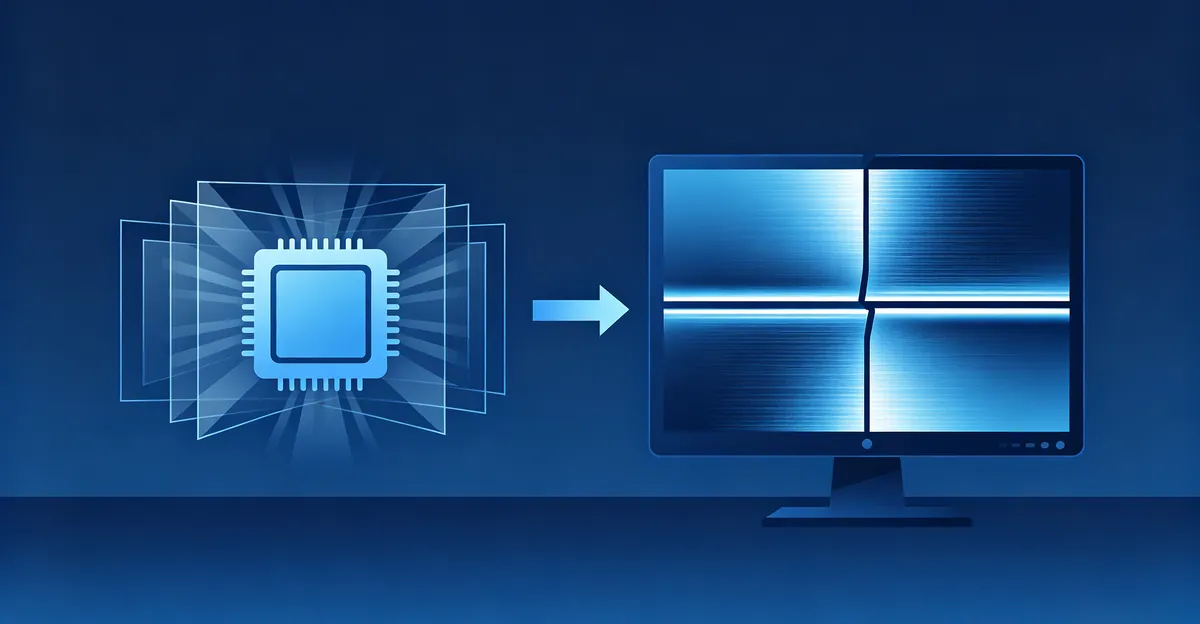 Diagram of a GPU sending staggered frames to a monitor with a mid-scan horizontal tear on the display