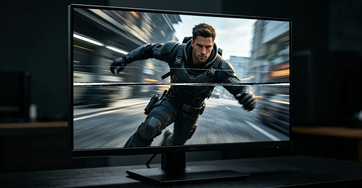 Gaming monitor showing a sharp horizontal screen tear splitting a moving game character mid-sprint