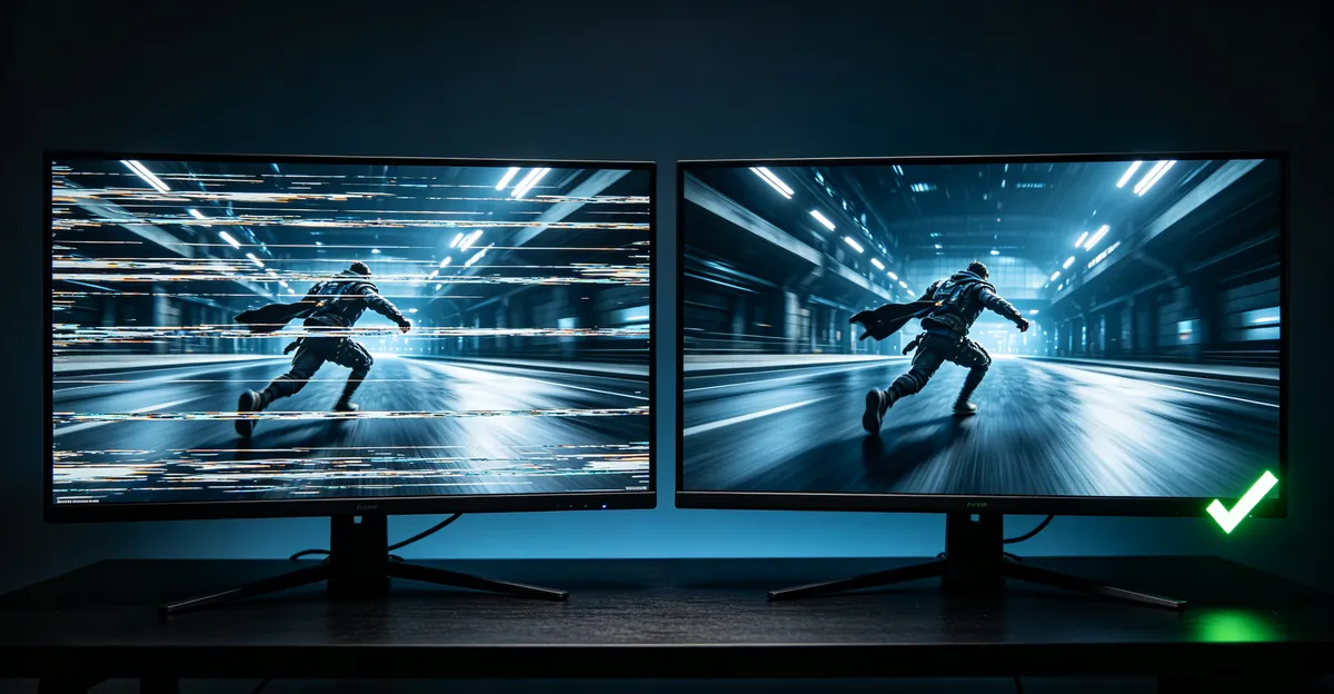 Side-by-side monitors comparing heavy screen tearing on the left with smooth tear-free motion on the right