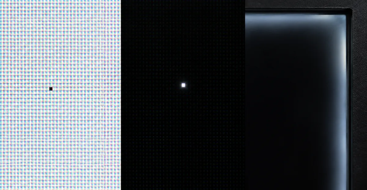 Close de um pixel morto preto no branco, um pixel travado brilhante no preto e luz vazando no canto da tela